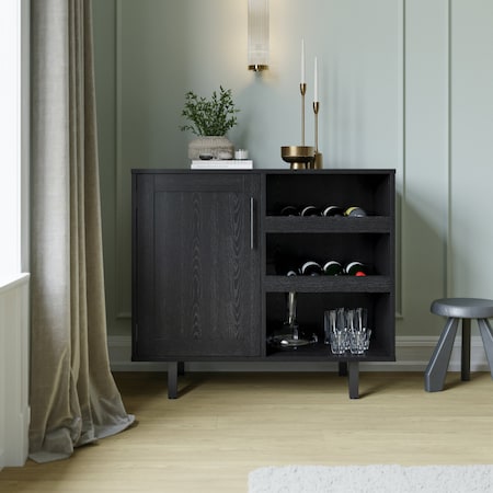 Flash Furniture Elmont Bar and Sideboard w/Shaker Style Single Door Cabinet w/Hanging Glass and Shelves, Black NAN-F-HY-B23113-BLK-GG